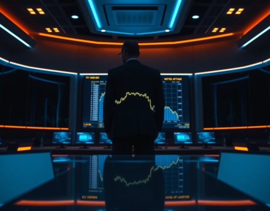 Bitcoin DeFi liquidity chart on a screen with a silhouette of an executive in a dimly lit trading room.
