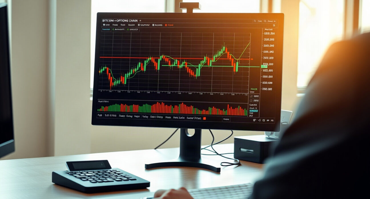 Bitcoin price chart on a monitor with options trading interface on a desk