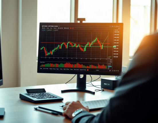 Bitcoin price chart on a monitor with options trading interface on a desk