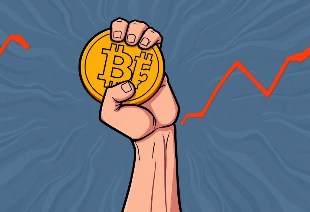 A cartoon illustration depicting strong Bitcoin demand holding firm amidst market fluctuations.