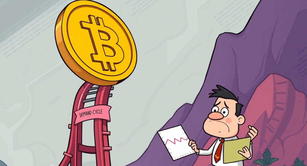 A vibrant cartoon illustrating the Bitcoin demand cycle beginning a steep descent on a rollercoaster track.