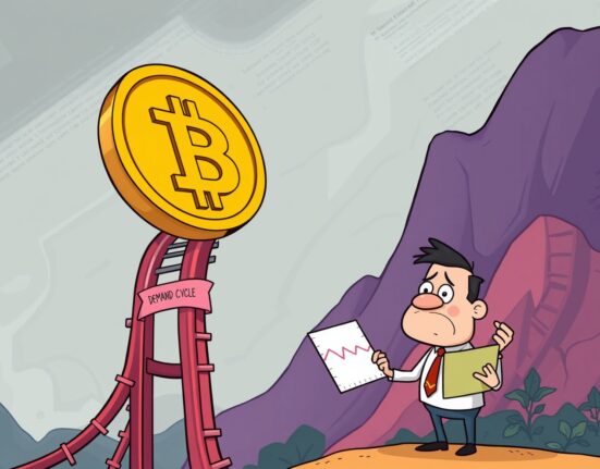 A vibrant cartoon illustrating the Bitcoin demand cycle beginning a steep descent on a rollercoaster track.