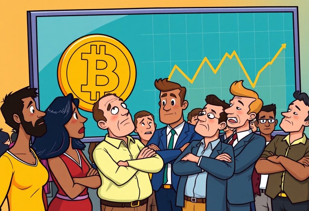 Cartoon illustrating cautious US Bitcoin demand as investors await lower prices, showing a 'wait and see' market sentiment.