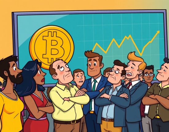 Cartoon illustrating cautious US Bitcoin demand as investors await lower prices, showing a 'wait and see' market sentiment.