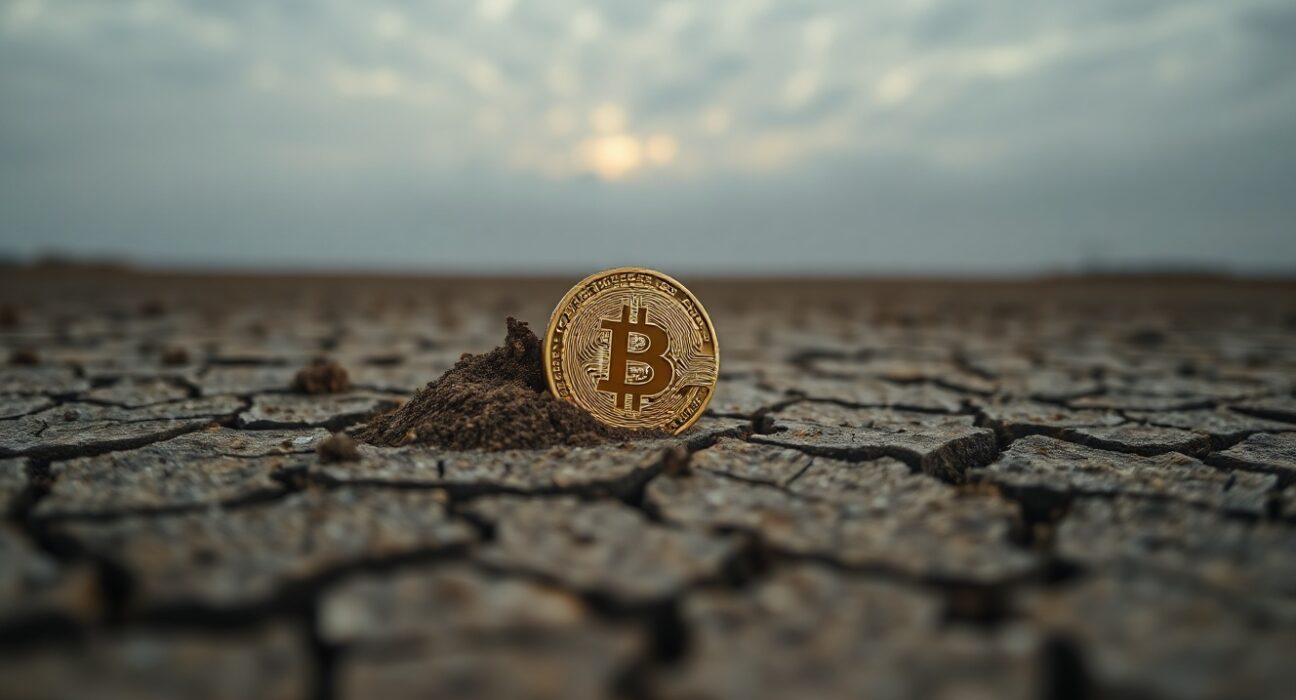 Bitcoin coin on cracked dry earth under overcast sky, representing market downturn and demand contraction.