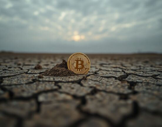 Bitcoin coin on cracked dry earth under overcast sky, representing market downturn and demand contraction.