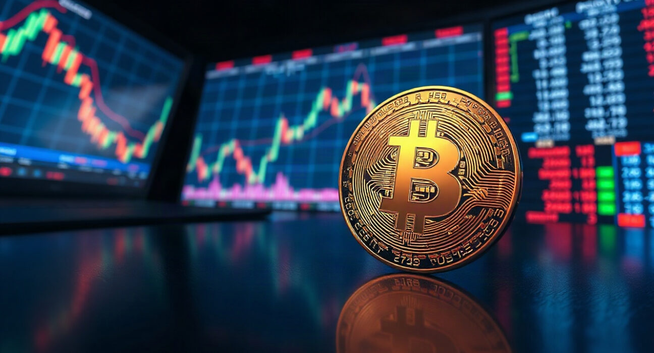 Bitcoin coin in foreground with declining price chart on screen in background