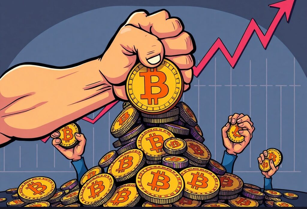 A cartoon illustration showing strong Bitcoin demand as investors eagerly buy dips, reflecting robust market confidence.