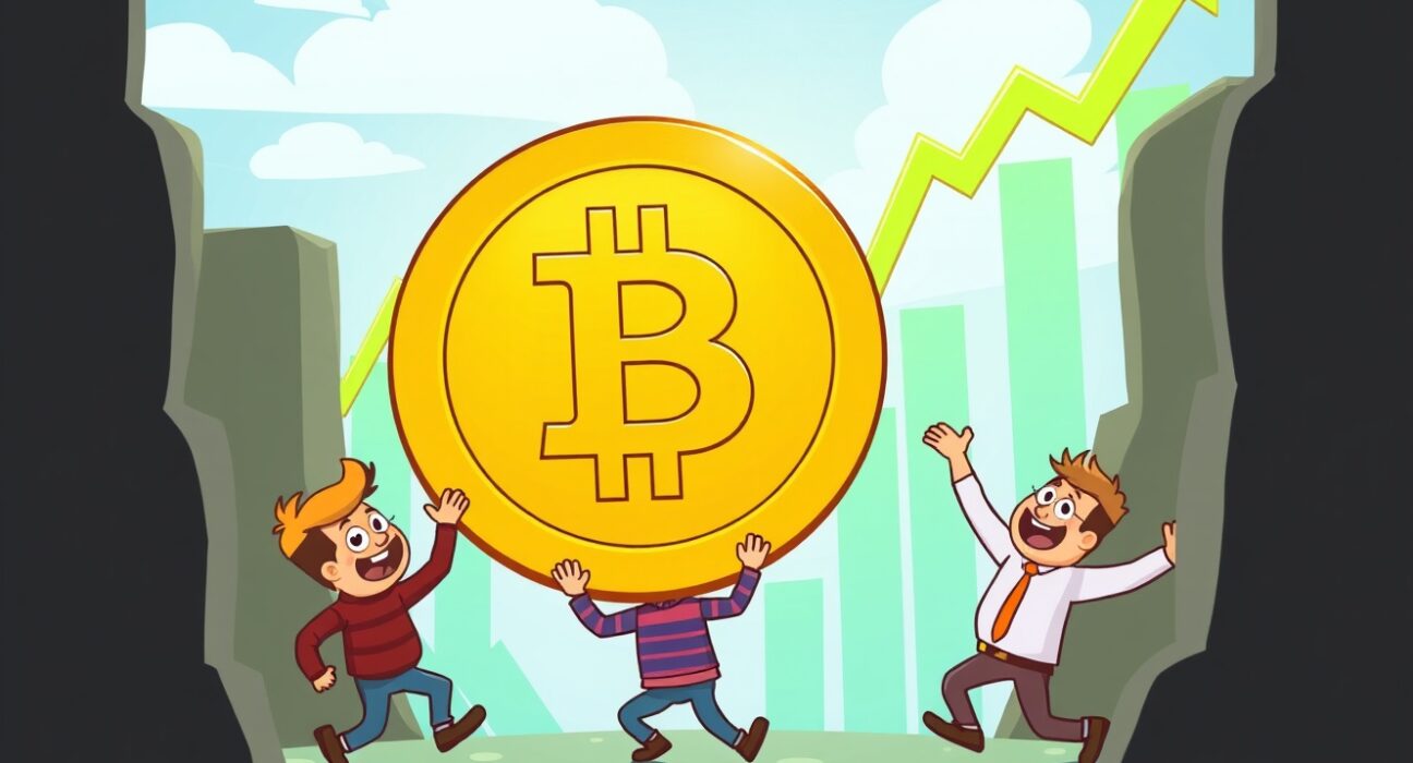 Bitcoin demand surge showing upward market momentum with cartoon characters celebrating price increase