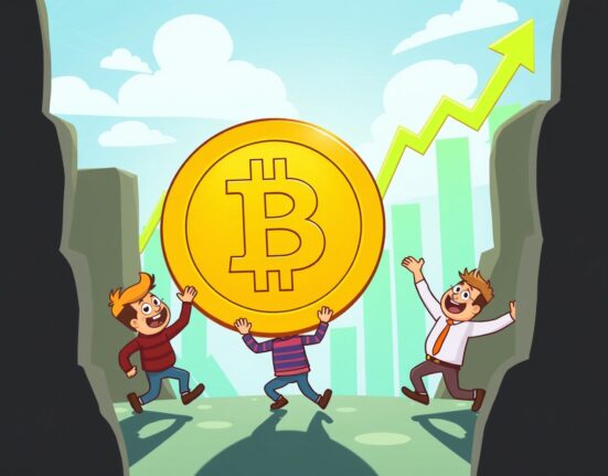 Bitcoin demand surge showing upward market momentum with cartoon characters celebrating price increase