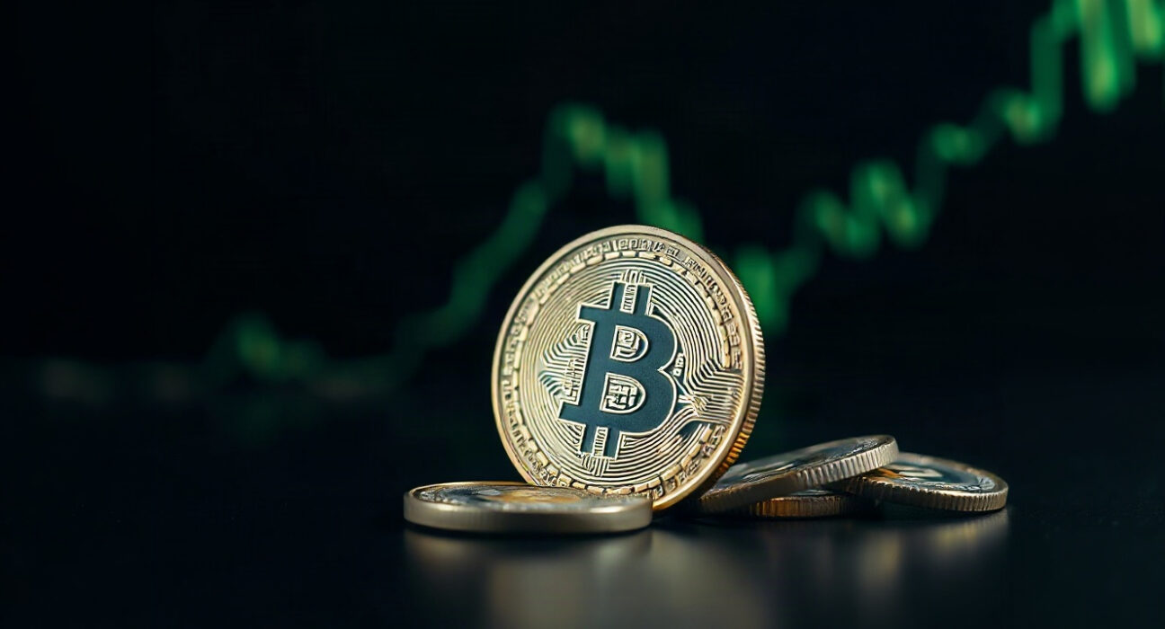 Bitcoin coin on reflective surface with green chart in background symbolizing price rebound