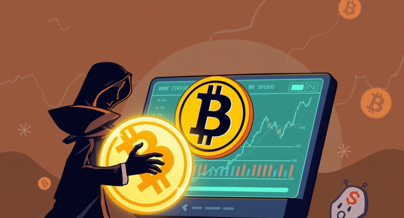 Cartoon illustration of a significant Bitcoin deposit to Kraken, signaling potential market shifts.