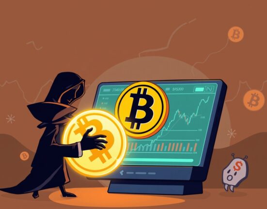 Cartoon illustration of a significant Bitcoin deposit to Kraken, signaling potential market shifts.