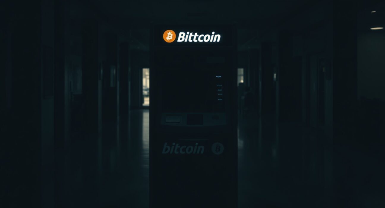 Bitcoin ATM machine in dimly lit lobby, symbolizing halted operations after bankruptcy filing
