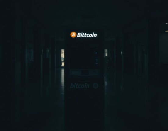 Bitcoin ATM machine in dimly lit lobby, symbolizing halted operations after bankruptcy filing