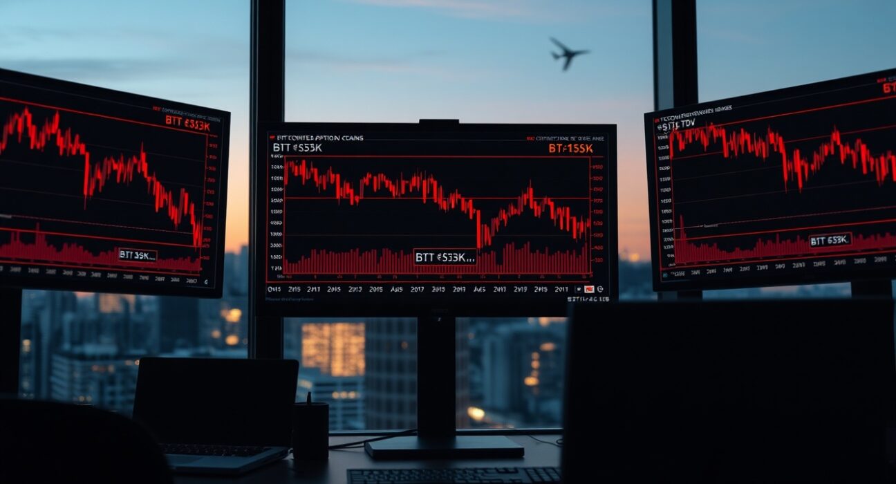 Trading desk monitors showing Bitcoin bearish derivatives data and put option chain