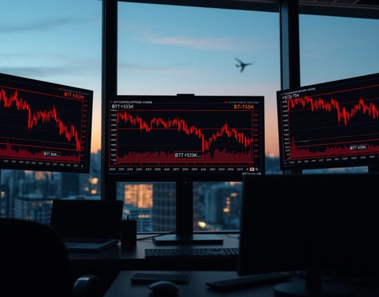 Trading desk monitors showing Bitcoin bearish derivatives data and put option chain