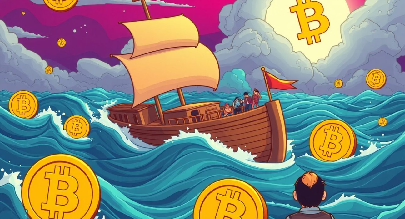 Bitcoin derivatives market stability depicted as steady ship in stormy crypto seas