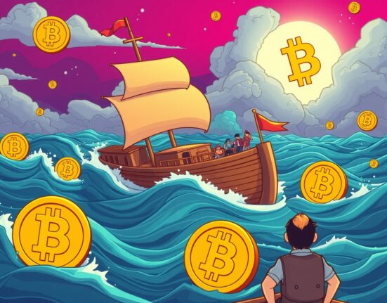 Bitcoin derivatives market stability depicted as steady ship in stormy crypto seas