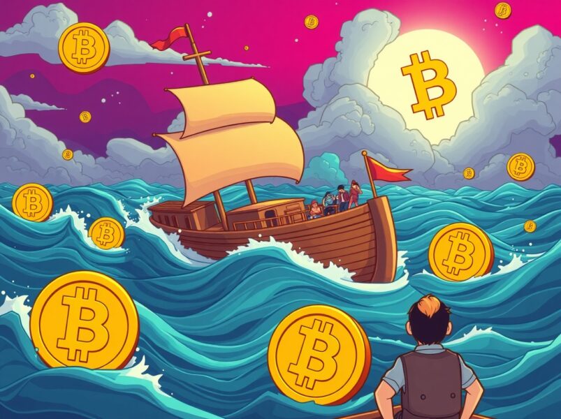 Bitcoin derivatives market stability depicted as steady ship in stormy crypto seas