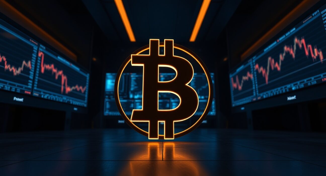 Dimly lit Bitcoin symbol on a trading floor with monitors showing cooling market charts.