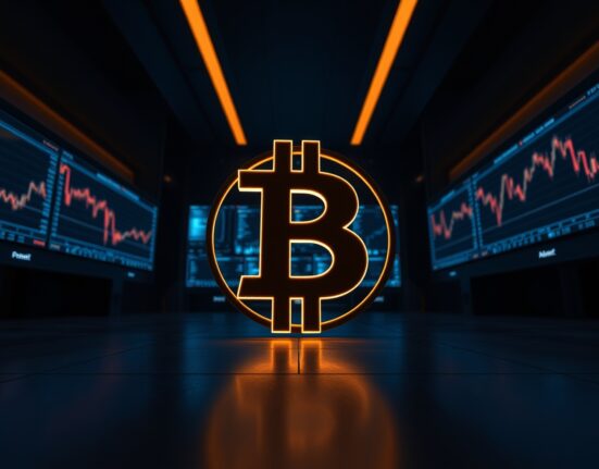 Dimly lit Bitcoin symbol on a trading floor with monitors showing cooling market charts.