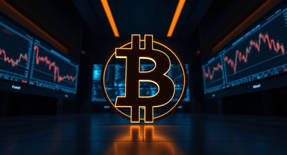 Dimly lit Bitcoin symbol on a trading floor with monitors showing cooling market charts.