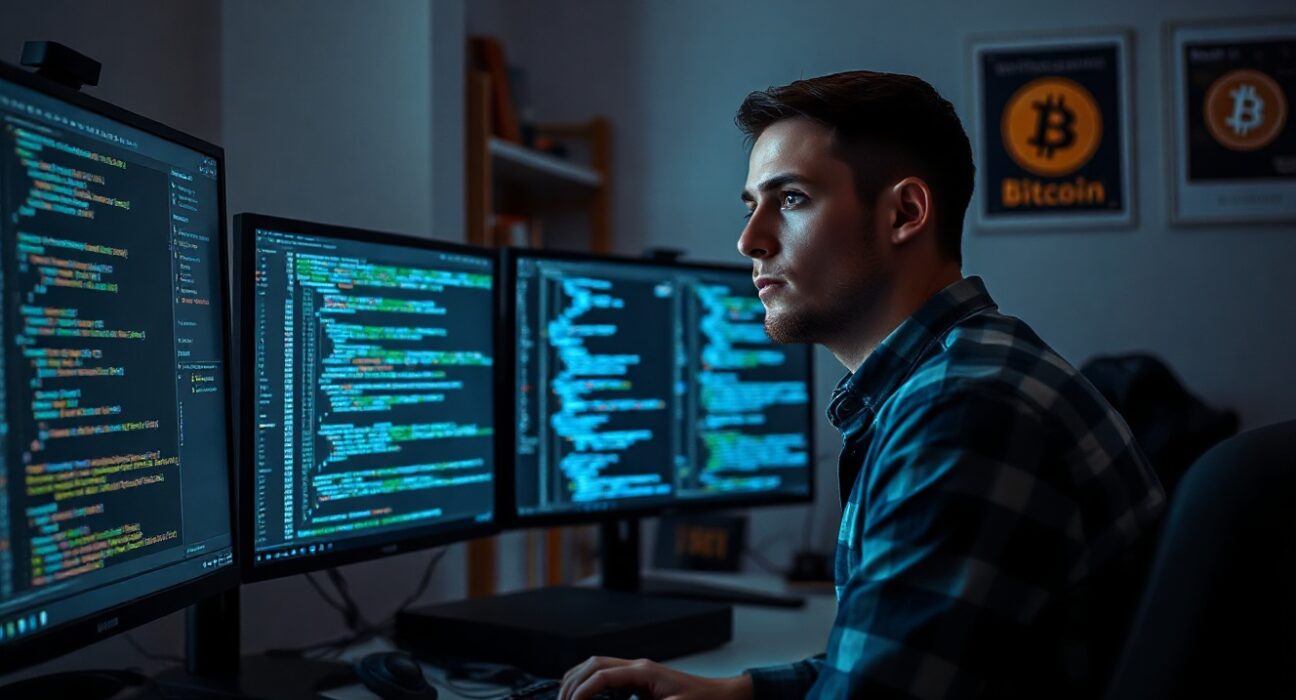 Bitcoin developer preparing code at a computer with multiple monitors displaying blockchain data