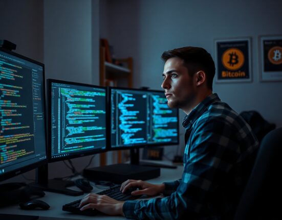 Bitcoin developer preparing code at a computer with multiple monitors displaying blockchain data