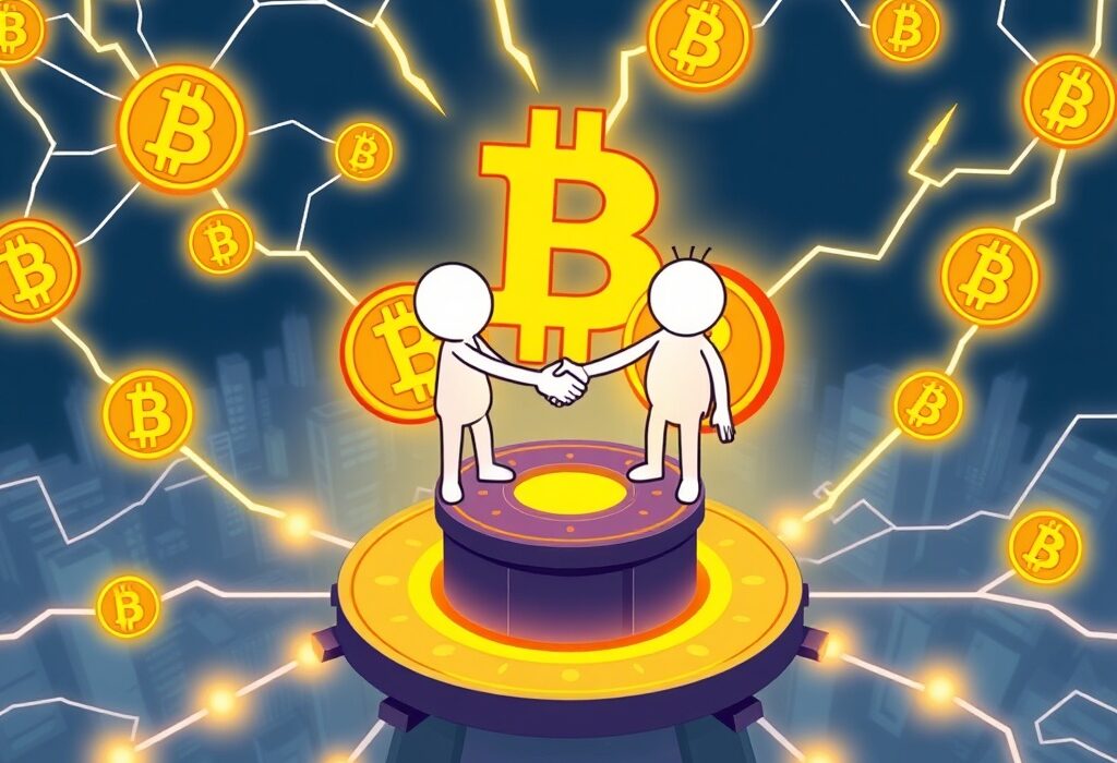 Cartoon illustration of Bitfinex's pivotal investment in KaleidoSwap, strengthening the future of Bitcoin DEX technology.