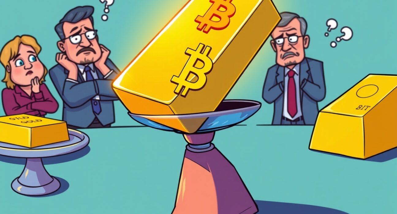 Digital gold Bitcoin bar weighed against traditional gold bar in vibrant cartoon illustration