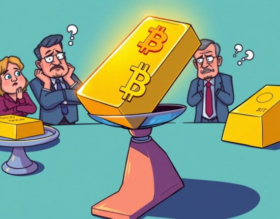 Digital gold Bitcoin bar weighed against traditional gold bar in vibrant cartoon illustration