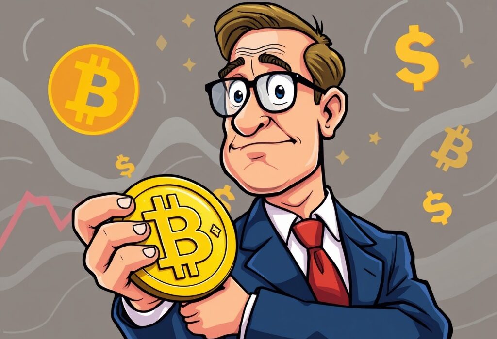 Cartoon CEO figure recognizing Bitcoin digital gold's value against currency debasement.