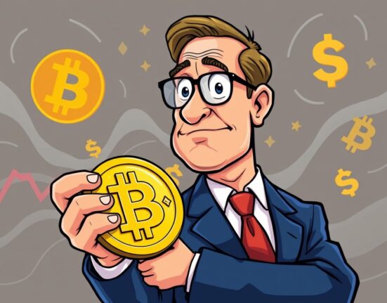 Cartoon CEO figure recognizing Bitcoin digital gold's value against currency debasement.