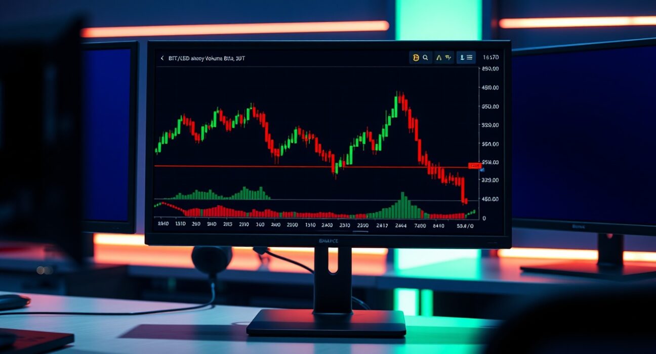 Bitcoin candlestick chart with long lower wick and CVD indicator showing selling pressure on Binance spot market.