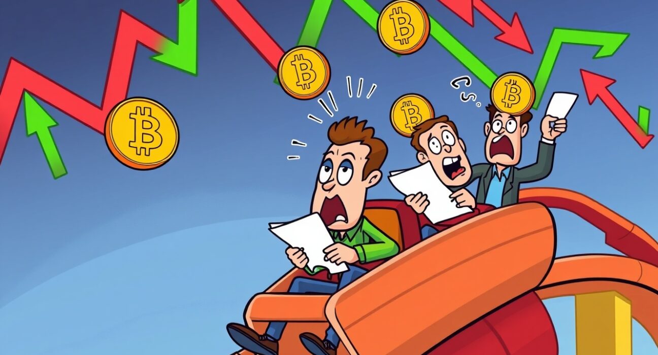 BTC ETF investors experiencing market volatility in cartoon rollercoaster ride with Bitcoin symbols