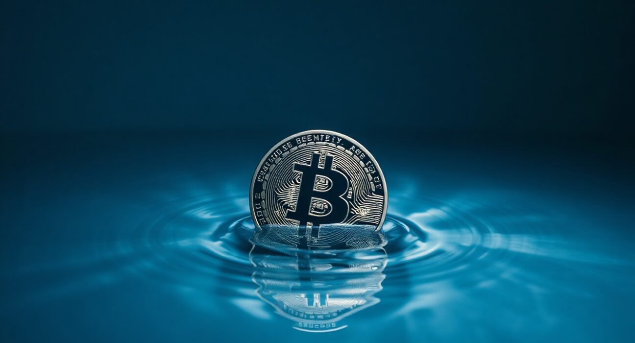 Bitcoin coin partially submerged in water representing liquidity pressure and market risk