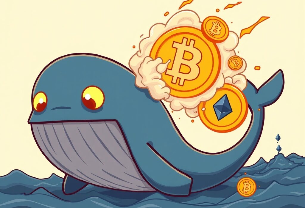 Cartoon whale causing a sudden Bitcoin dip by selling off large amounts, while Ethereum symbols rise in the background.