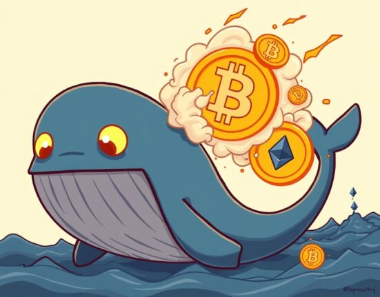 Cartoon whale causing a sudden Bitcoin dip by selling off large amounts, while Ethereum symbols rise in the background.