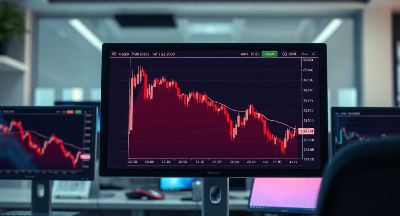 Cryptocurrency price chart showing a downward trend on a trading screen in a professional office setting