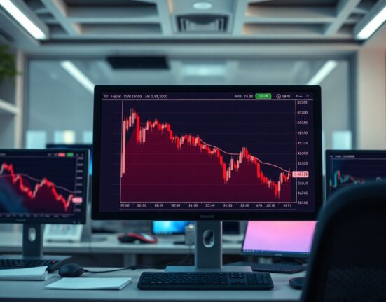 Cryptocurrency price chart showing a downward trend on a trading screen in a professional office setting