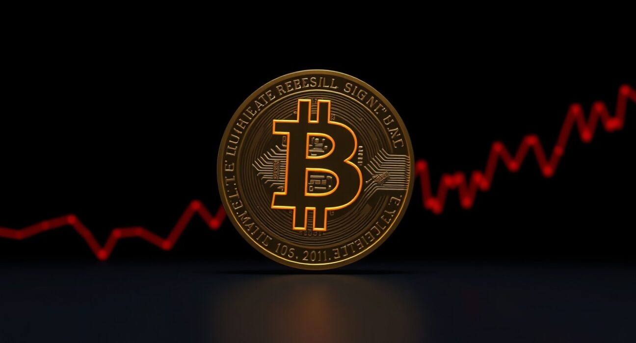 Bitcoin coin against dark background with red downward chart lines, representing price decline.