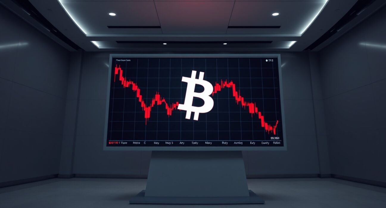 Digital display showing Bitcoin price chart with a downward trend, reflecting a drop below $63,000.