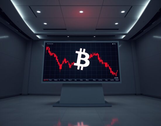 Digital display showing Bitcoin price chart with a downward trend, reflecting a drop below $63,000.