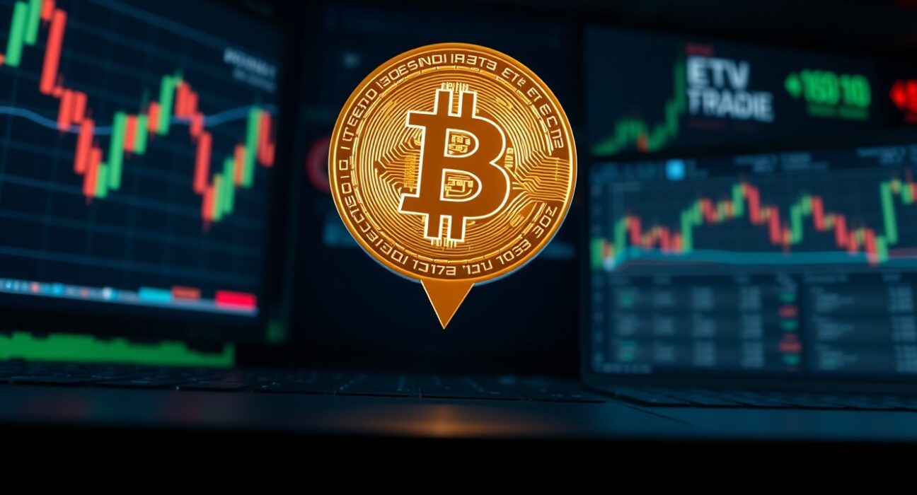 Bitcoin coin on a dark trading dashboard with charts showing a price decline.