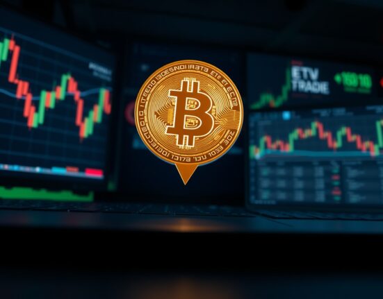 Bitcoin coin on a dark trading dashboard with charts showing a price decline.