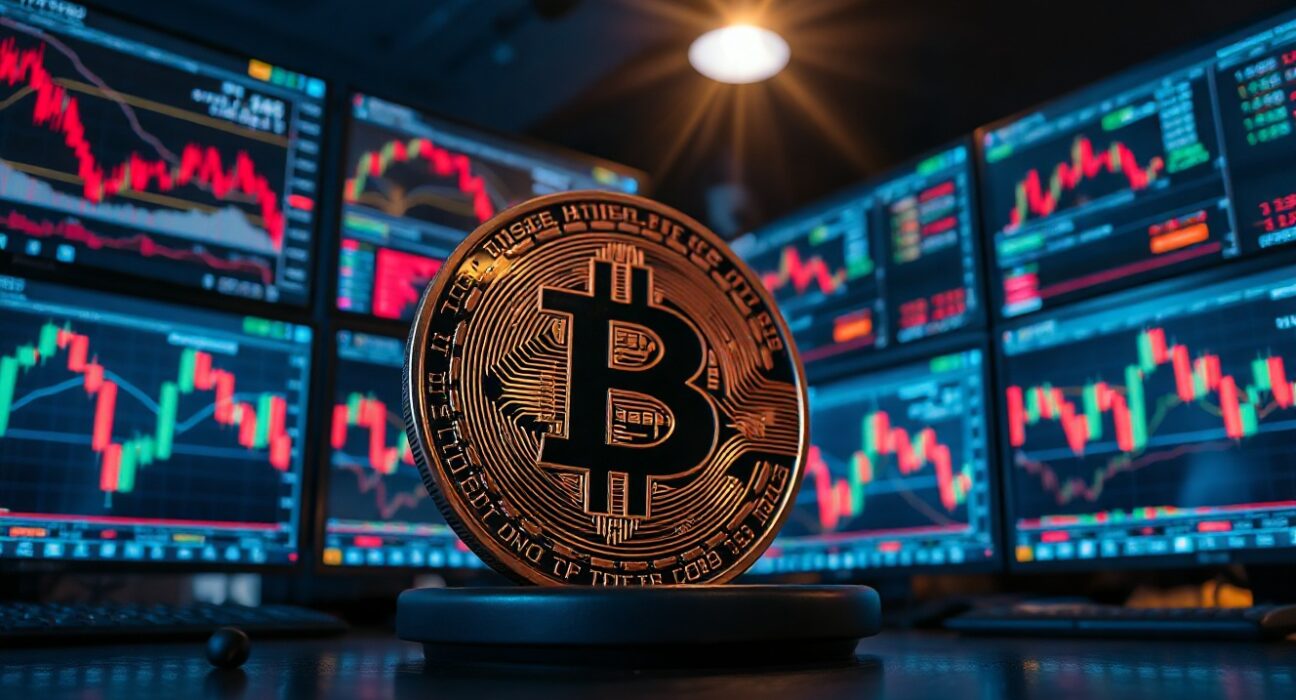 Bitcoin coin on a desk with monitors showing red candlestick charts indicating a price decline.