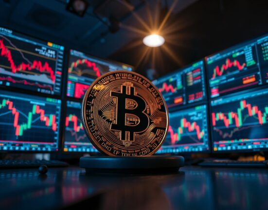 Bitcoin coin on a desk with monitors showing red candlestick charts indicating a price decline.