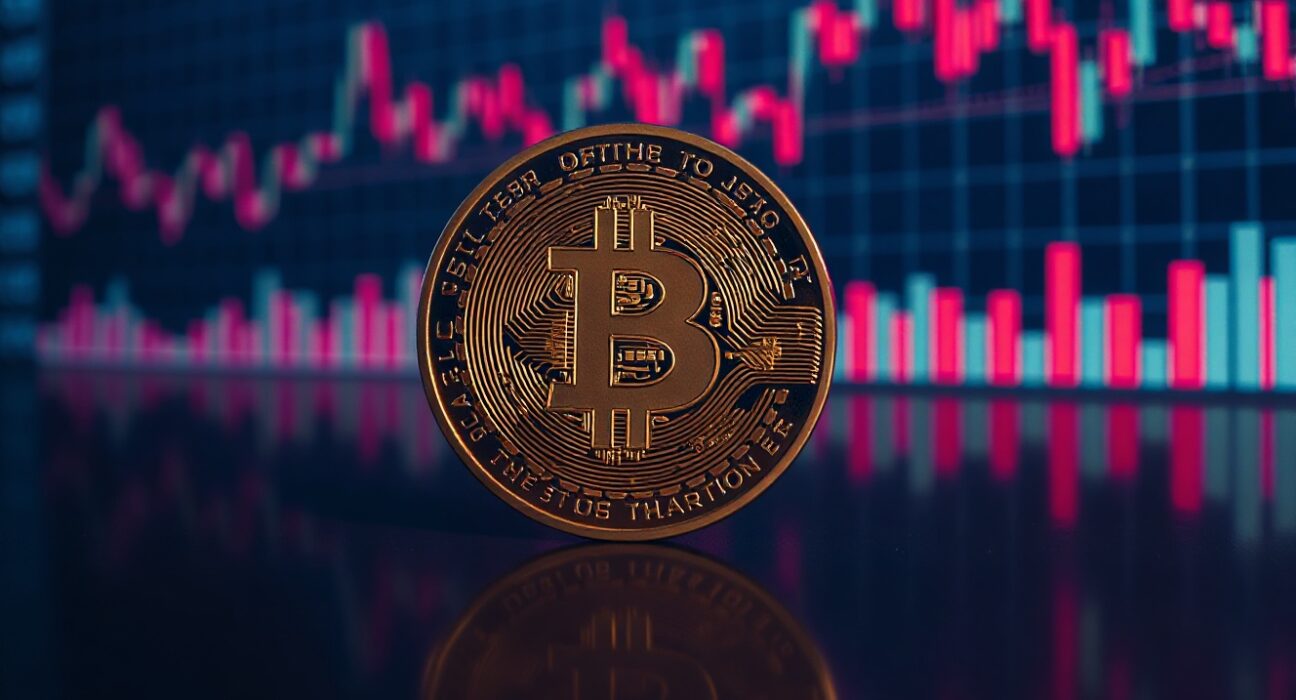 Bitcoin coin on reflective surface with trading chart in background, illustrating market volatility.