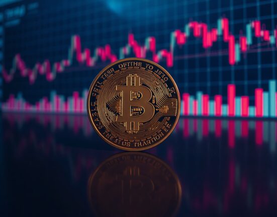 Bitcoin coin on reflective surface with trading chart in background, illustrating market volatility.